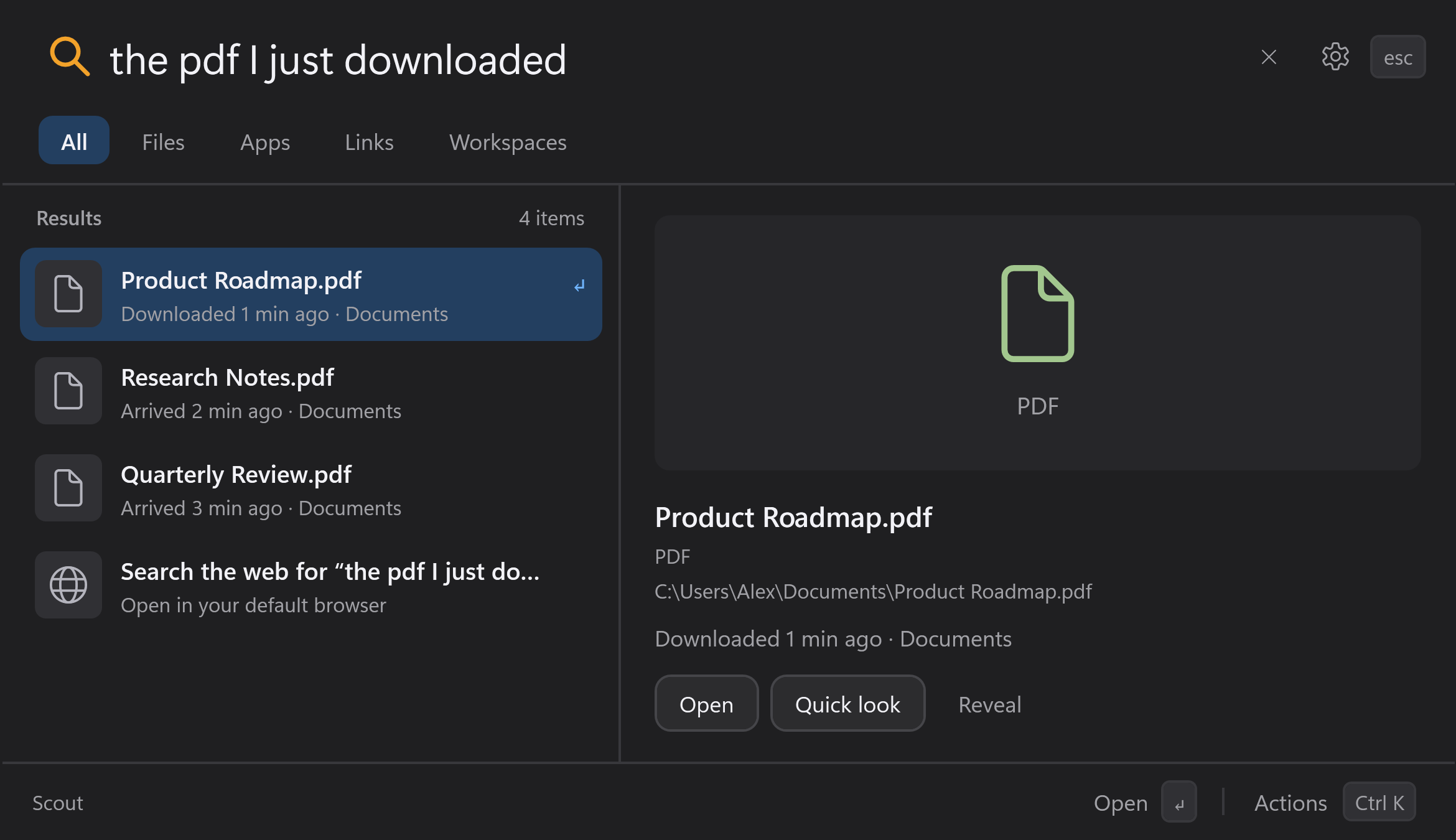 Scout searching for "the pdf I just downloaded": Product Roadmap.pdf is selected, with its download time and a preview panel beside the results.