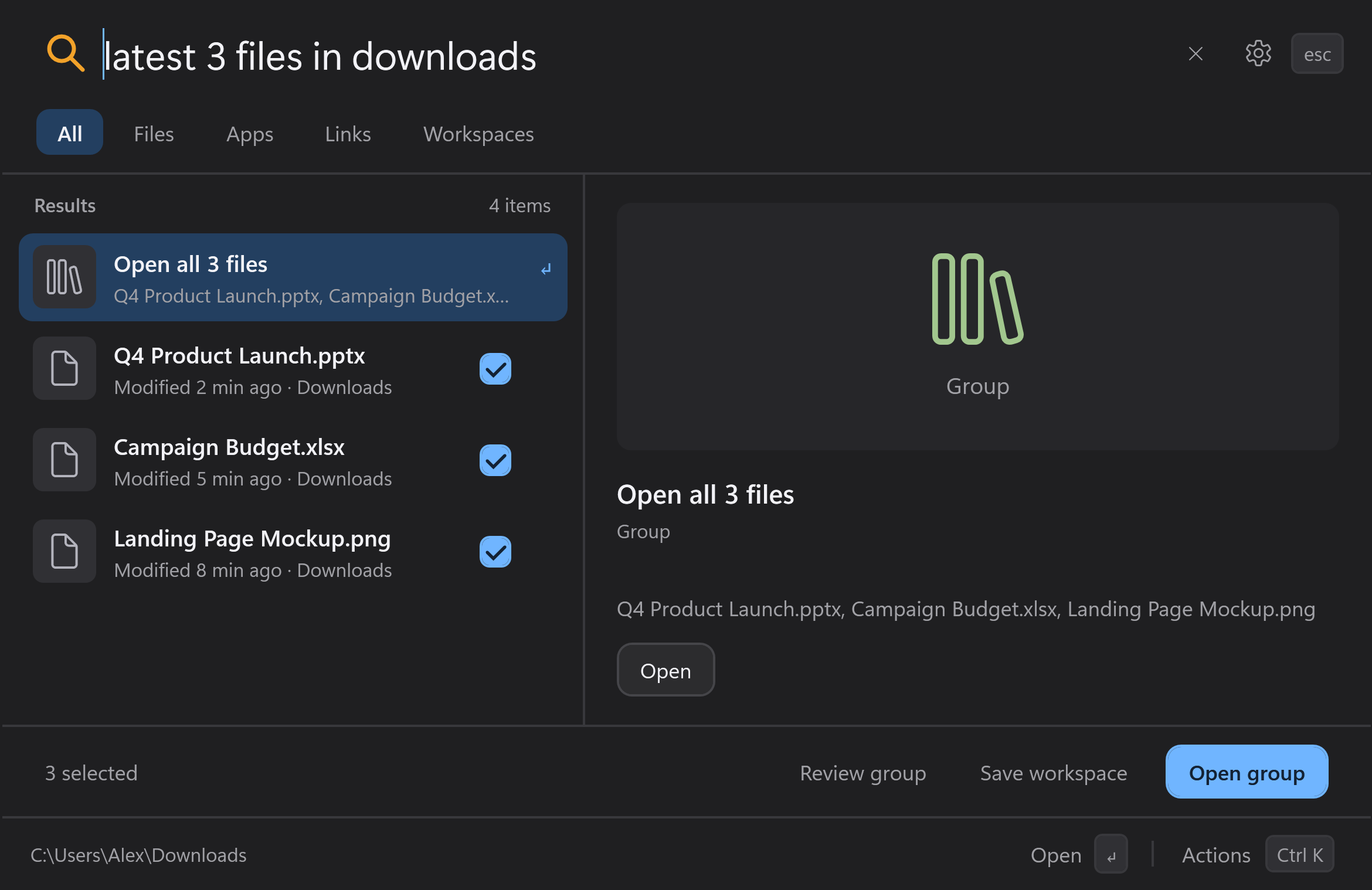 Scout searching for "latest 3 files in downloads": the three files are grouped so they can be opened together or saved as a workspace.